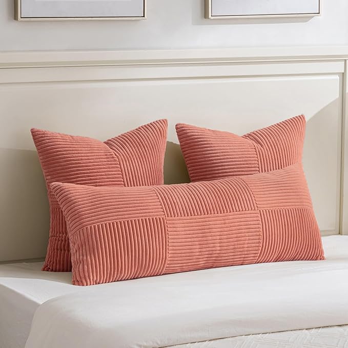 Fancy Homi 2 Packs Coral Decorative Throw Pillow Covers 22x22 Inch for Living Room Couch Bed, Rustic Farmhouse Boho Home Decor, Soft Corss Corduroy Patchwork Accent Square Cushion Case 55x55 cm
