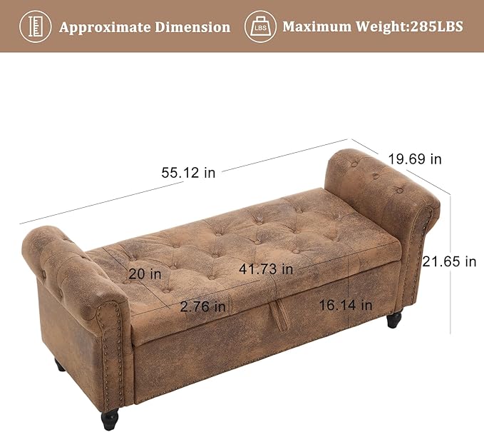 Furniliving 55” End of Bed Bench, Bedroom Bench with Button-Tufted, Large Upholstered Storage Ottoman Entryway Bench with Storage Shoe Cabinet Bench, for Bedroom, PU, Coffee