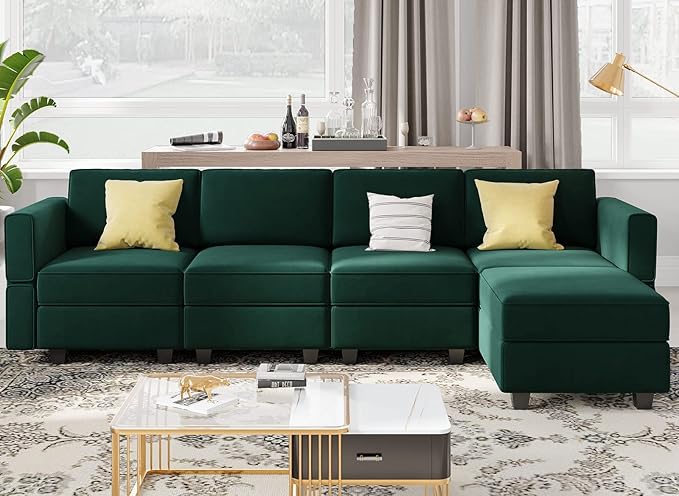 Belffin Modular Sectional Sofa Couch with Reversible Chaise - Velvet L Shaped Couch with Storage, 4-seat Convertible Green.…