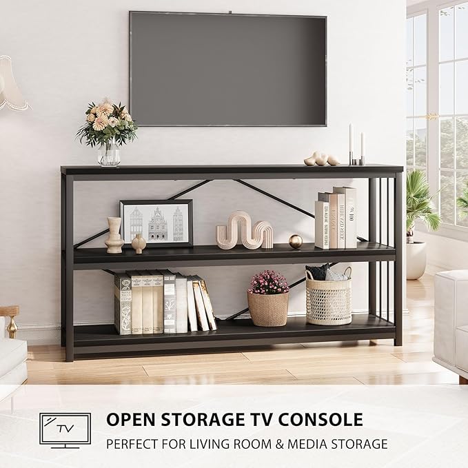 LVB Black Console Table, Modern Entryway Table for Hallway Living Room, Industrial Sofa Table Behind Couch, Farmhouse Wooden Metal Entry Table for Foyer with 3-Tier Storage Shelves, Black Oak, 55 Inch