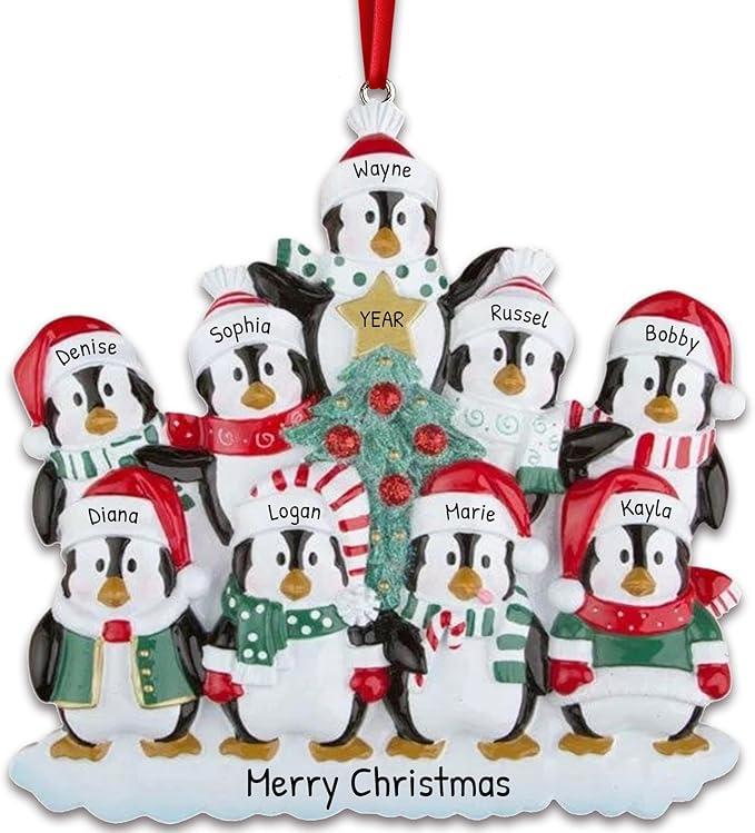 3D Penguin Family of 9 Ornament 2025 Personalized Family Christmas Ornaments 2025 | Snowy Xmas Tree Holiday Penguins Personalized Tree Ornaments for Grandchildren Siblings & Grandkids of Nine Ornament