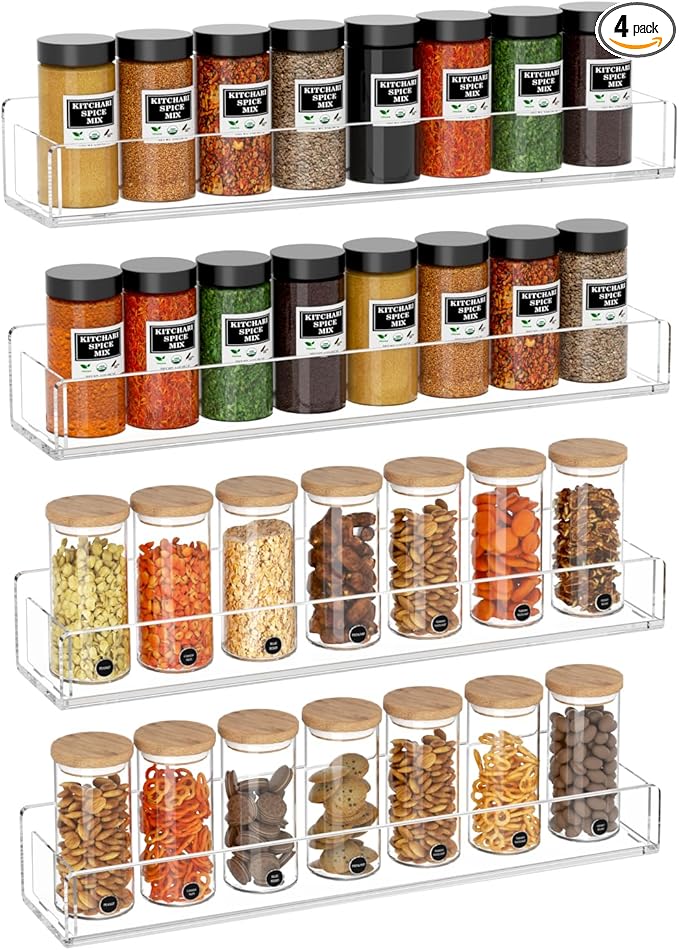 NIUBEE Wall Mounted Spice Rack Organizer,Clear Acrylic Spice Shelf Storage Holder,Hanging Seasoning Rack Organizer for Wall Kitchen 4 Pack