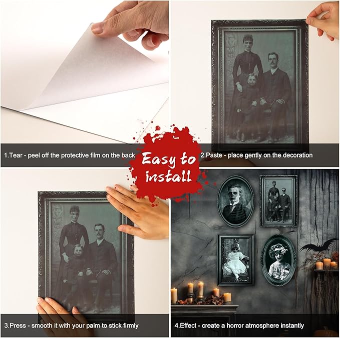 6 Pack Halloween Decoration 3D Changing Face Moving Gothic Horror Picture Frames Portrait, Waterproof, Full adhesive backing, Spooky Halloween Wall Decor For Haunted Mansion Castle Masquerade Party