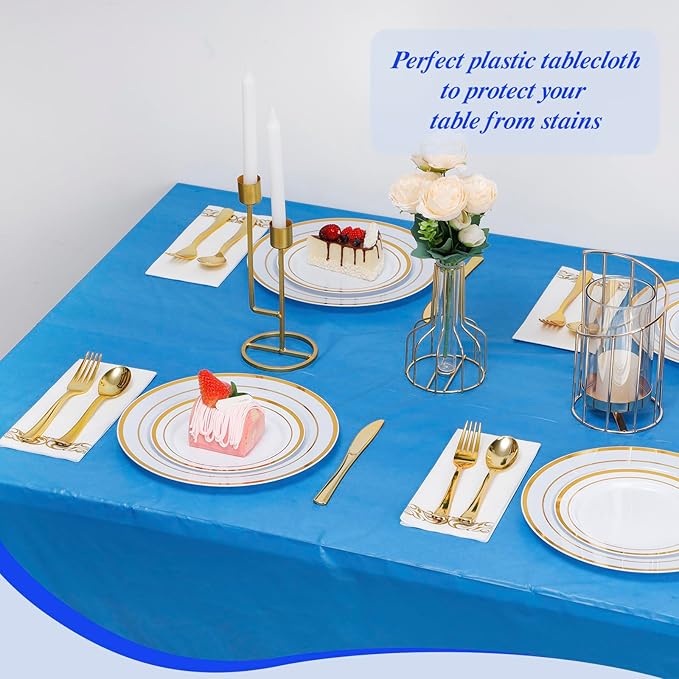 Goodluck 54 Inch X 300 Feet Plastic Table Cloths with Cutter Box, Blue Disposable Table Cover Roll, Plastic Tablecloth for Party, Banquet, Wedding, Birthday, Anniversary