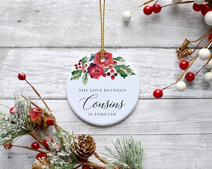 Andaz Press Round Ceramic Porcelain Christmas Tree Ornament Keepsake Gift for Cousins, The Love Between Cousins is Forever, 1-Pack Cousin Ornament 2025 Cousin Christmas Ornaments