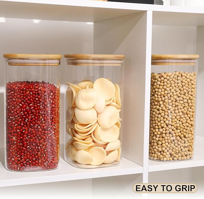 Glass Food Storage Jars with Lids(50oz)Square Set of 3 ,Glass Storage Containers Clear Glass Food Canister with Bamboo Lid Airtight For Serving Tea, Coffee Beans, Flour,Cookie, Cereal,Spice and More