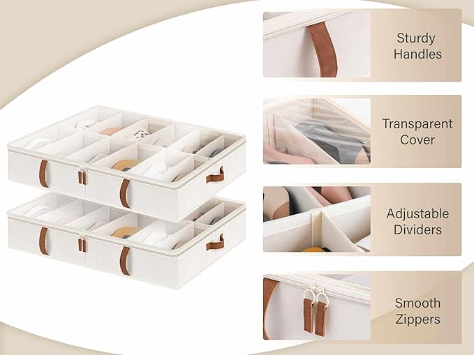 StorageWorks Shoe Organizer Under Bed for Closet, 2-Pack Ultra-thick Fabric Shoe Storage Containers with Bottom Support and Adjustable Dividers, Fits up to 24 Pairs, Beige
