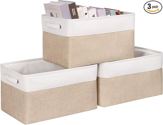 Kntiwiwo Large Fabric Foldable Storage Bin 17" x 11.8" x 9.8" Storage Baskets with Handle Large Cube Storage boxes for Closet, Shelves, Home, Set of 3, Beige