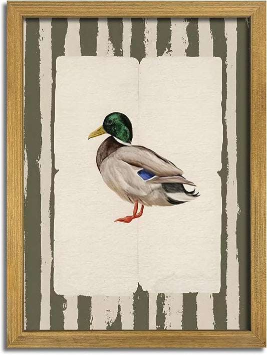 Vintage Framed Duck Wall Art Print, Rustic Mallard Bird Illustration Canvas Poster, Cottagecore Animal Artwork, Farmhouse Nature Wall Decor for Living Room Kitchen Bathroom Bedroom 12x16 inch