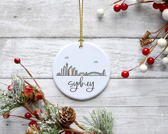 Andaz Press Round Ceramic Porcelain Christmas Tree Ornament Keepsake Gift, Sydney, Colorful International City Skyline Graphic, 1-Pack, Birthday Ideas Family Coworker Him Her, Gift Box