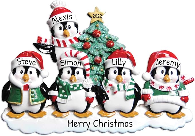 3D Penguin Family of 5 Ornament 2025 Personalized Family Christmas Ornaments 2025 | Snowy Xmas Tree Holiday Penguins Personalized Tree Ornaments for Grandchildren Siblings & Grandkids of Five Ornament