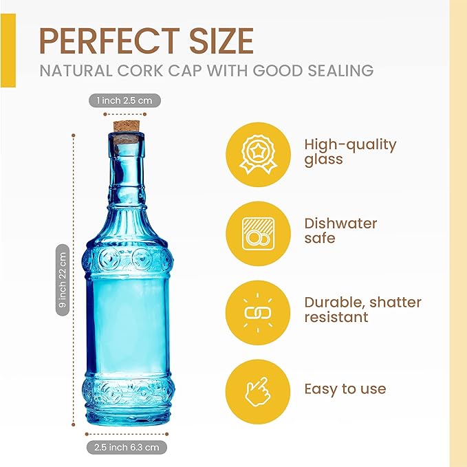 Assorted Blue Glass Bottles with Corks, 6 Pack, 2.5in X 9in, 16oz