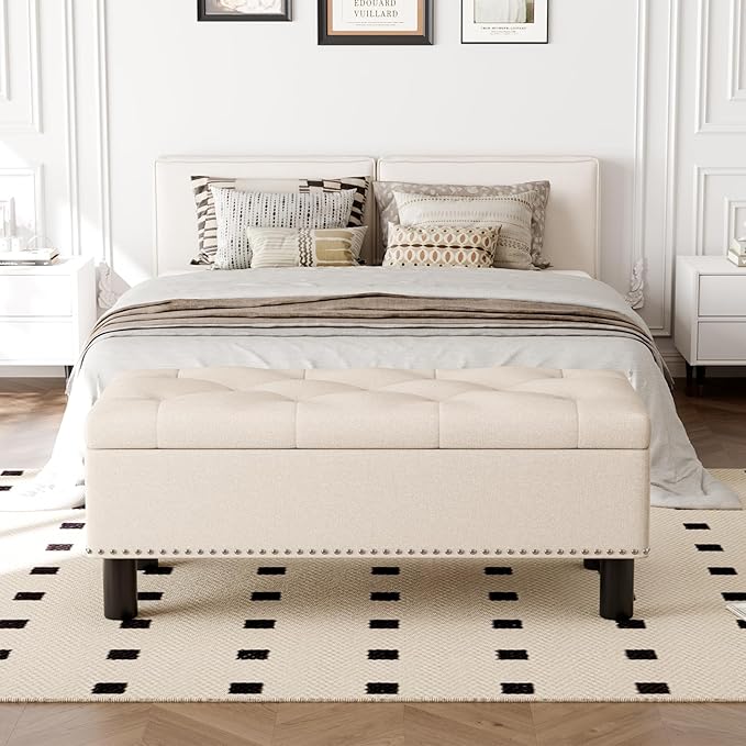 Furniliving 42” Ottoman Bench with Storage, Folding Storage Ottoman Benches with Wood Legs, Upholstered Bedroom Bench with Button-Tufted, Entryway Bench for Bedroom, Linen, Beige