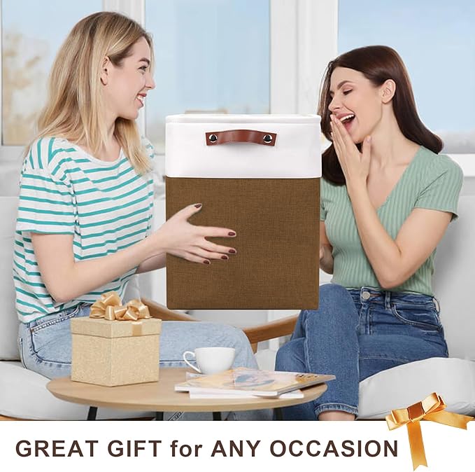 Large Fabric Storage Baskets | 50L Storage Bins, Decorative Linen Closet Baskets with Handles for Organizing, Shelf, Toys, Clothes, Home, Office, Nursery, 17x12x15Inches (Brown&White)