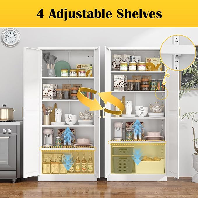 Kitchen Pantry Cabinet,71”White Metal Pantry Storage Cabinet with Doors and 4 Adjustable Shelves,Kitchen Cabinet with 2 Gold Handles,Tall Cabinet for Livingroom,Pantry, Bathroom,Kitchen