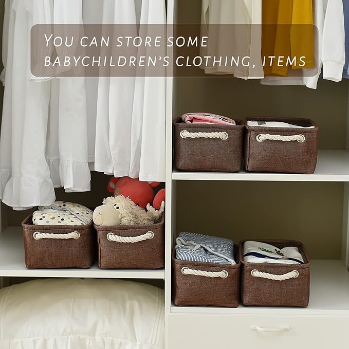 TheWarmHome Storage Basket for Organizing - 12x8x5 inch Small 6 Pack Collapsible Storage Bin for Shelves with Handles, Canves Storage Box for Cloth Closet Organizer Gift Toy (Brown)