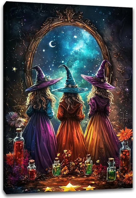 Witch Poster Halloween Fall Wall Art Decor,Three Witches with Magic Potion Mirror Colorful Vintage Print,Dark Academia Spooky Canvas Art Prints for Home Living Room,8"x12" Framed