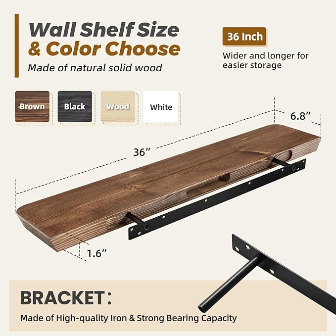 36"x6.8"x1.6" Slanted Floating Wall Shelves 2-Pack - Rustic Brown Finish, Heavy-Duty Solid Wood Design with Hidden Brackets - Perfect for Living Room, Kitchen, Bathroom, or Office