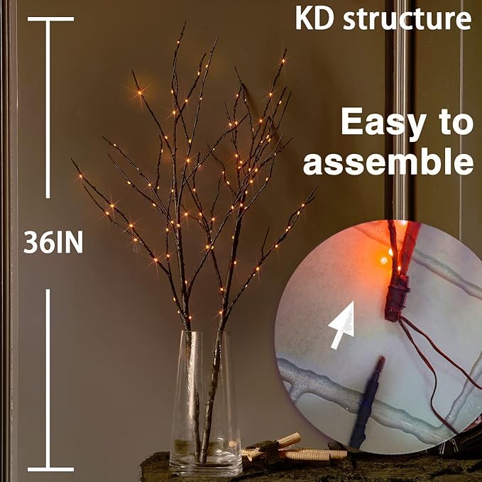 Fudios Halloween Lighted Branches with Timer 100 LED Orange Fairy Lights 32IN, Black Tree Branch Lights Battery Operated for Home Party Mantle Decoration