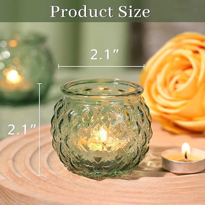 Green Votive Candle Holders Set of 24- Round Glass Candle Holders Bulk for Flameless LED Tea Waxes, Candle Holder for Wedding Shower & Home Table Decor, Various Parties