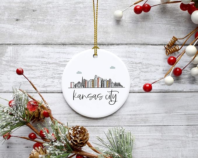 Andaz Press Round Ceramic Porcelain Christmas Tree Ornament, Colorful Kansas City Skyline 1-Pack, Birthday & for Family & Coworkers, Includes Box