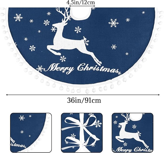36 Inch Christmas Tree Skirt, Burlap Blue Christmas Rustic Tree Skirt with Elk Deer and White Snowflake Printed for Holiday Party Xmas Tree Decoration