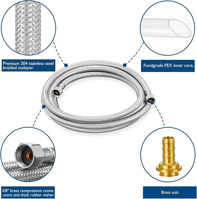 Dishwasher Installation Kit - 10 FT Stainless Steel Braided Dishwasher Hose kit,Food Grade PEX Inner Tube Water Line with 3/8"x 3/8"x 3/8" Tee Stop Valve,3/8"x 3/8"MIP Elbow,3/8"x 3/4"FHT Elbow