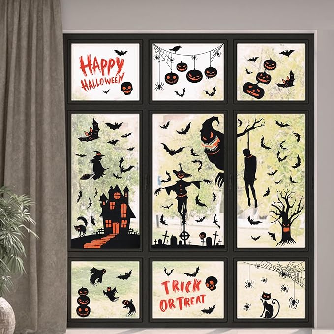 Halloween Window Clings, 9 Sheets Halloween Window Decorations Stickers Double-Sided Window Decal Scary Black Bat Ghosts Stickers,Happy Halloween Window Clings for Halloween Party Decoration