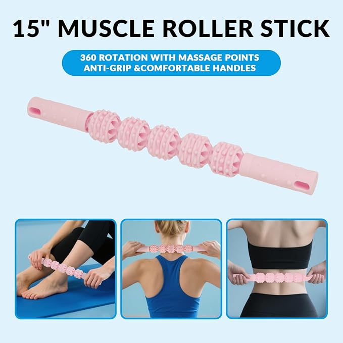 7 in 1 Foam Roller,Products Include Foam shafts,Muscle Roller Bars,Leg Massagers,Fascia Balls,Stretch Bands,8-Shaped Resistance Bands,are Used for Full-Body Relax,Yoga(White Pink Blue) (Pink)