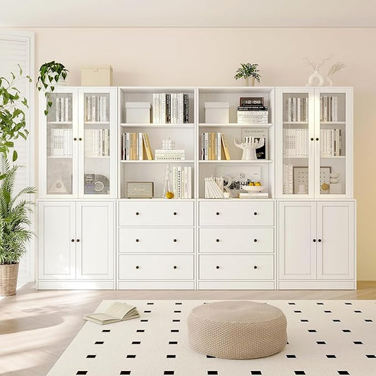 TUSY 71" Bookshelf Bookcase, 3-Tier Modern Bookshelves 3 Large Drawer, Wood Filing Cabinet with Open Storage Shelf, Glass Doors 5-Tier Fixed Storage Shelves for Home Office