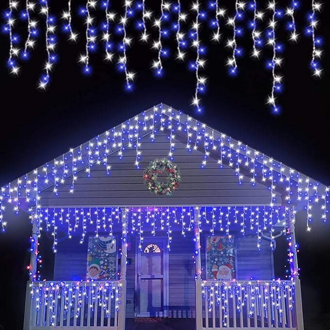 800 LED Icicle Lights Blue and White