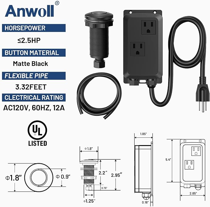 Garbage Disposal Air Switch Kit -Professional- Dual Outlet, Sink Top Waste Disposer On/Off, Garbage Disposal Button, Brass Made Cover, UL Listed