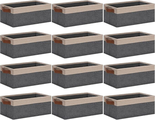 GhvyenntteS Small Fabric Storage Bins 12 Pack, 11.8" x 7.87" x 5.11" Storage Basket with Leather Handles, Closet Storage Bins for Shelves, Storage Baskets for Shelves, DVD Storage (Grey&Beige Yellow)