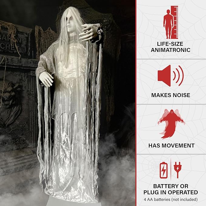 Haunted Hill Farm Rising Ghost Woman by Tekky, Battery-Operated, Sound Activated Animatronic with Sound Effects for Indoor or Covered Outdoor Creepy Halloween Decoration