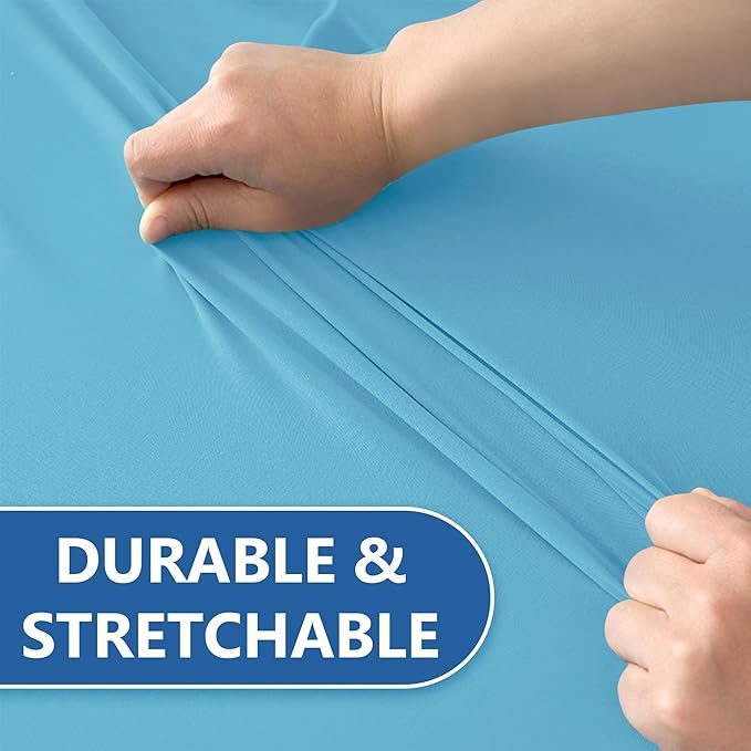 Fitted Tablecloth for 8 Foot Rectangle Table-4 Pack Light Blue Elastic Outdoor Picnic Table Cover-Spandex Stretch Folding Tablecloths 8ft for Camping Dining Room Patio Kitchen Banquet Party