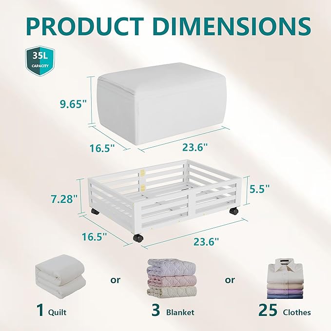 Bamboo Under Bed Storage Containers- Underbed Organizer with Wheels with Large Dust Bag,Sturdy Wood Rolling Under the Bed Shoe Storage Organizer Drawer 2 Packs (White, Small)