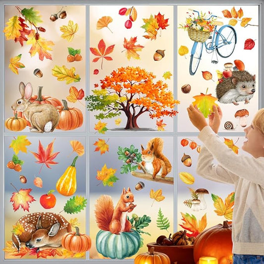 Fall Window Clings 9 Sheets Large-Size Window Clings for Glass Windo Decoration Autumn Leaves Animals Woodland Home Bedroom Nursery Room Windo Decals