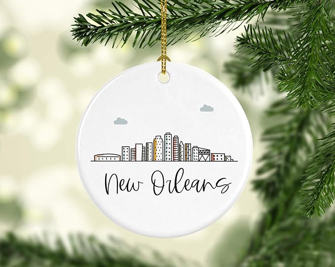 Andaz Press Round Ceramic Porcelain Christmas Tree Ornament Keepsake Gift, New Orleans, Colorful City Skyline Graphic, 1-Pack, Birthday Ideas Family Coworker Him Her, Includes Gift Box