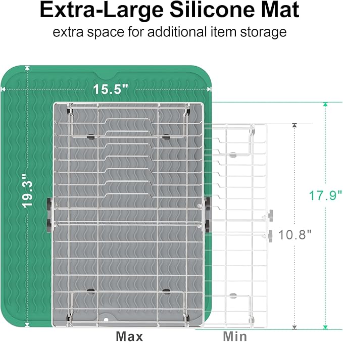 GSlife Stainless Steel Dish Drying Rack - Capacity Expandable in Sink Dish Drainer with Silicone Mat, Over Sink Dish Rack with Utensil Holder for Kitchen Counter, Large Capacity, Silver