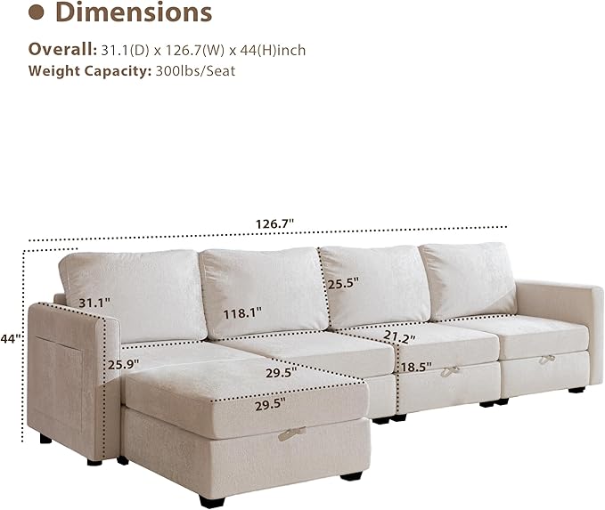 mestyl Modular Sectional Sofa Convertible L Shaped Sofa Couch Set with Storage for Living Room, Modern 4 Seater Modular Sectional Couch with Movable Ottoman (Beige)