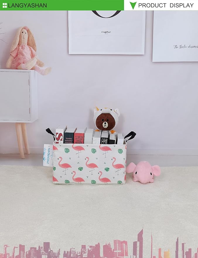 LANGYASHAN Rectangular Storage Bin Collapse Canvas Fabric Cartoon Storage Basket with Handles for Organizing Home Kitchen Boys and Girls Toys Office Closet Shelf Baskets(Rec Leaf Flamingo)