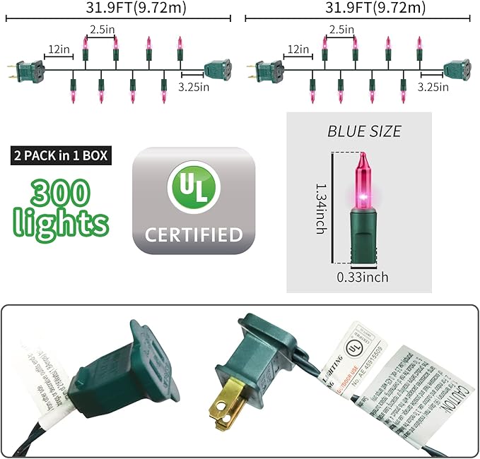 Green Wire, Pink Incandescent Bulb 300 Mini String Lights for Indoor Christmas Tree Garland Birthday Wedding Party Festival Decoration