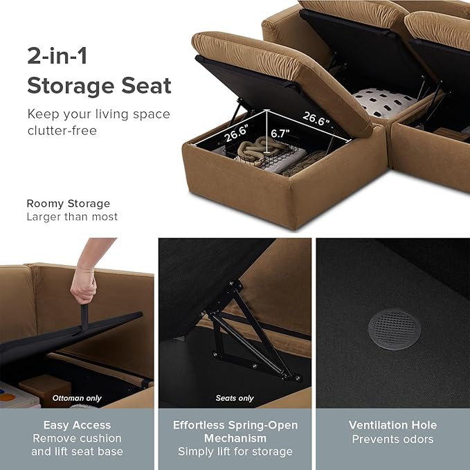 mopio Oversized Modular Sectional Sofa with Fully Removable Covers and Storage, Convertible U, L-Shaped and Sleeper Sectional, Modern Couches with Ottoman Chaise (Hazelnut Velvet, 4 Seats, L)