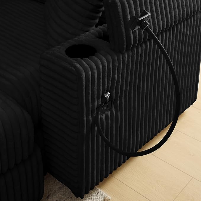 Modular Sectional Sofa Couch, Plush Corduroy Fabric Sectional Couches for Living Room with USB Charging Ports, Phone Holders, and Multi-Functional Storage Armrests (Black, 3set+1ottoman)