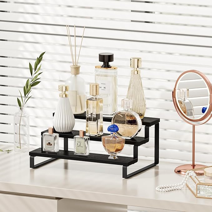 Giikin 3 Tier Spice Rack, Cabinet Organizer Shelf, Wooden Spice Rack for Countertop, Kitchen Counter Storage Shelves Cupcake Stand Holder Display Stand, Black