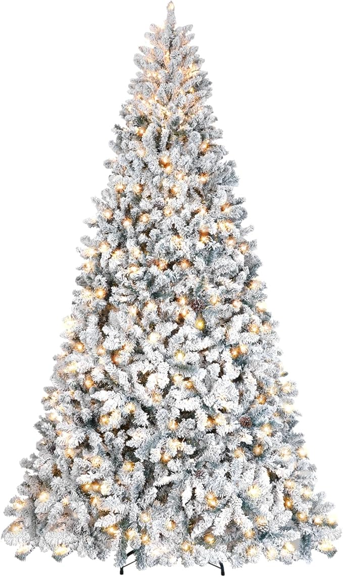 8 ft Flocked Snow Frosted Artificial Christmas Tree with 700 UL Lights & Pine Cones, 1754 Tips, Auto Hinged Easy Setup Full Prelighted