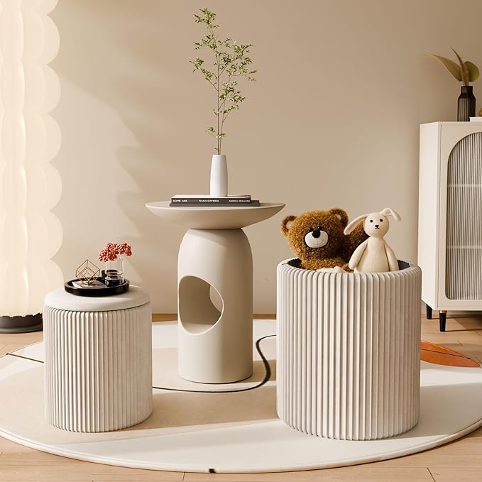 Ottoman with Storage Set of 2, Velvet Storage Ottoman, Upholstered Sponge Vanity Stool Support 300lbs, Multifunctional Coffee Table Foot Rest Ottomans for Living Room Bedroom, Beige