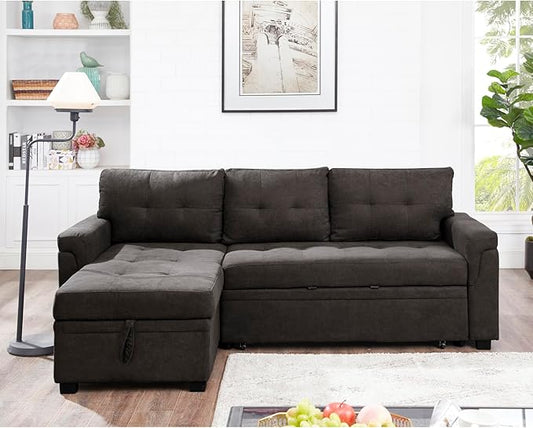 Naomi Home L-Shaped Reversible Sectional Sofa with Pull-Out Sleeper Bed and Storage Chaise, Espresso Velvet