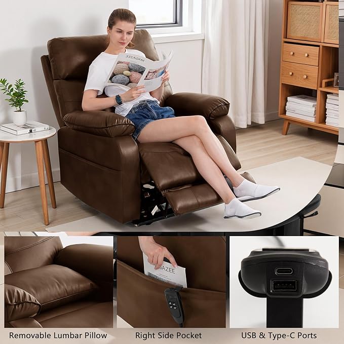 Dual Motor Power Lift Recliner Chair for Adult & Elderly, Infinite Position Lay Flat Lift Chair with Heat & Massage, Cup Holder, Lumbar Pillow, Wireless Charger, USB Ports, Leather (Ochre)