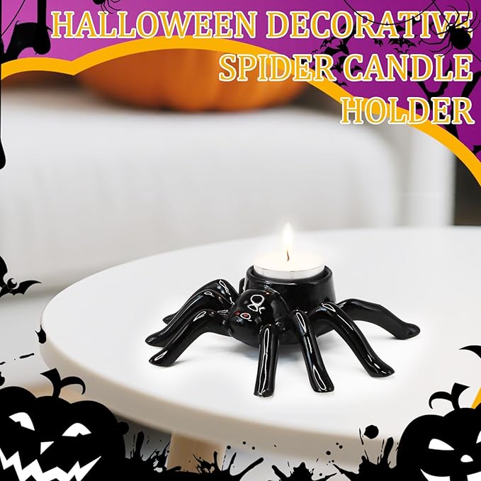 Halloween Ceramic Black Spider Candlestick Holder, Decorative Spooky Candle Stick Holder for Candles, Unique Halloween Decor Gift for Home Decoration